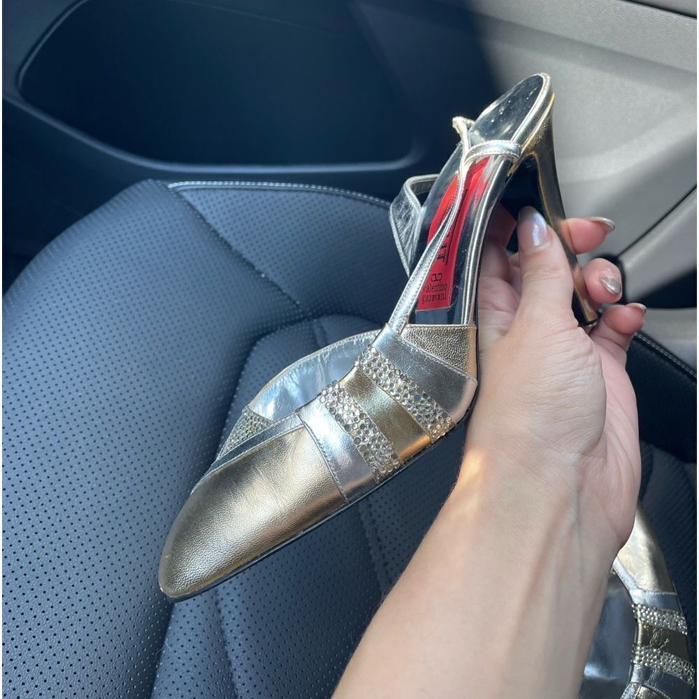 Vintage 90s Valentino Glitter Sling Back Heels Size 8 Silver Gold Made In Italy